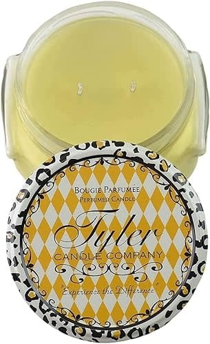 Tyler Candle Company 11oz yellow wax candle in a glass jar with a leopard print lid.
