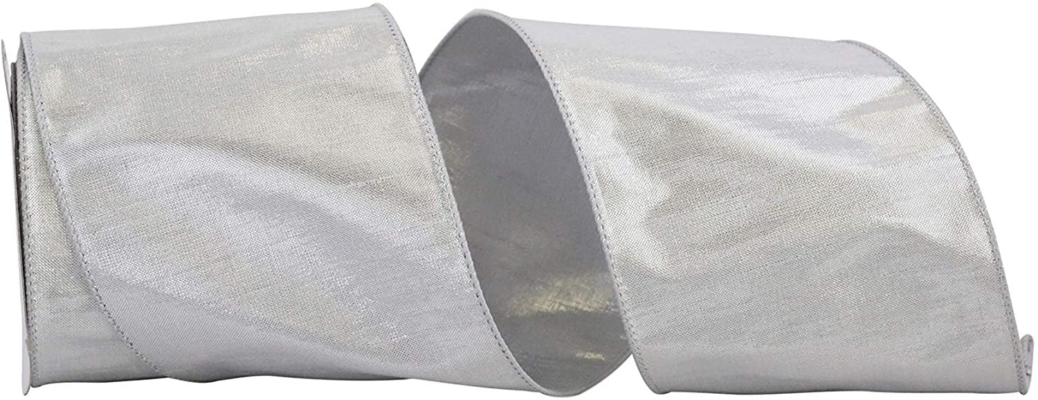 Silver metallic dupioni ribbon with wired edge, 4 inches wide.