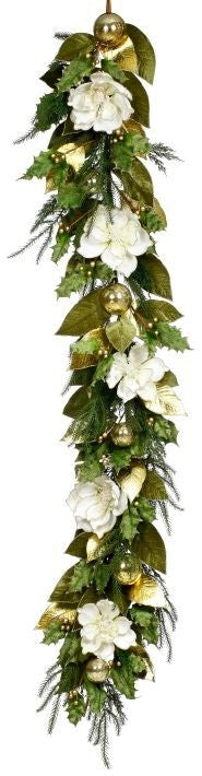 72-inch glittered magnolia garland with white floral silhouettes on a green vine.