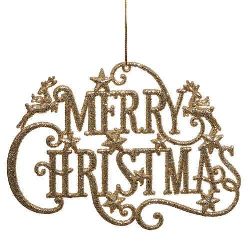 Gold glitter plastic Christmas ornament with Merry Christmas text