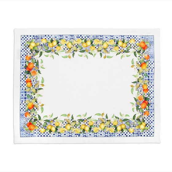 Set of four Sun Kissed placemats with citrus fruit on blue and ivory check pattern