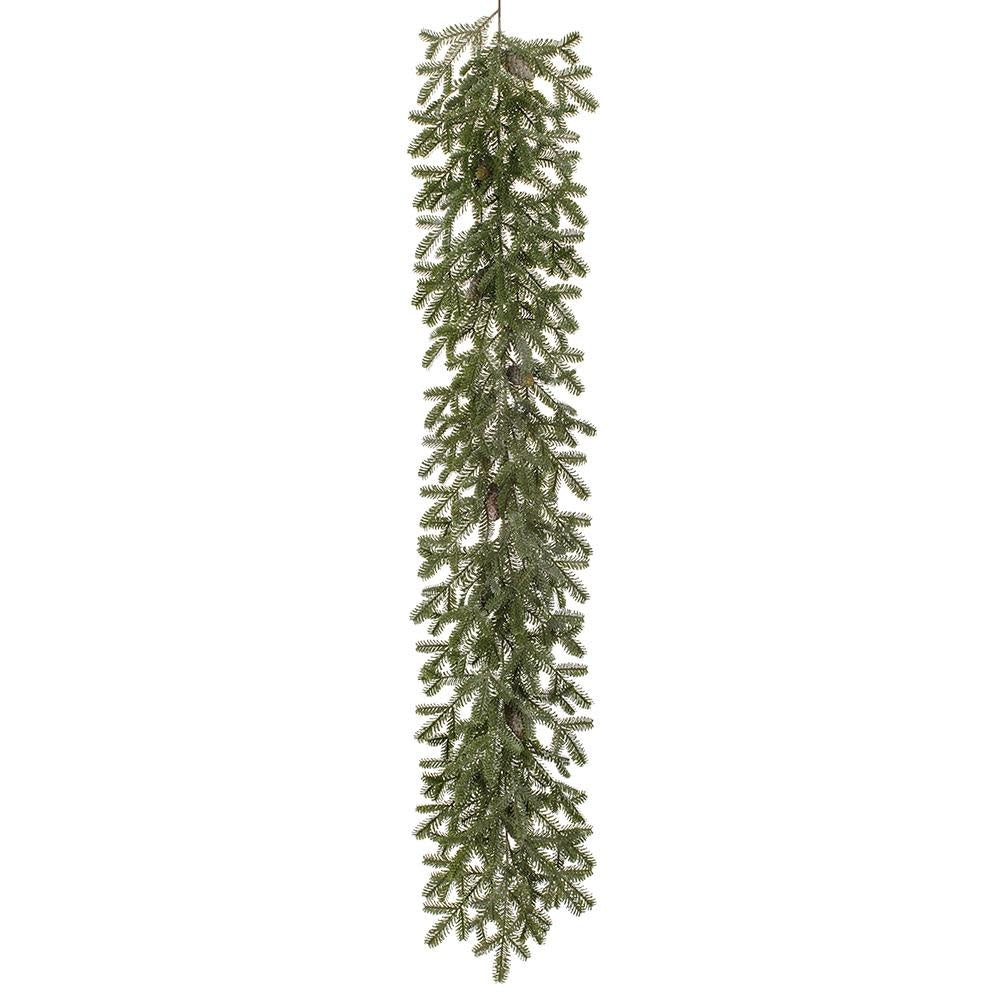72-inch frosted green plastic pine garland with brown metal accents and attached pine cones.