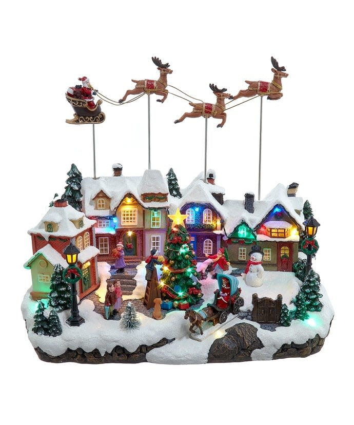 Battery-operated resin Santa in sleigh with multicolor LED lights playing Christmas carols.