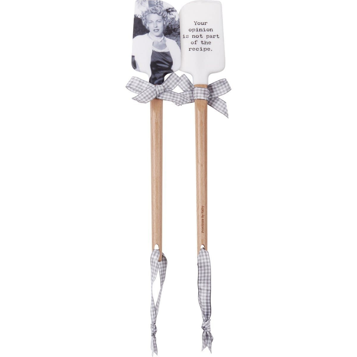 Double-sided silicone spatula with wooden handle featuring vintage photo on one side and text 'Your Opinion Is Not Part Of The Recipe' plus gray gingham bow.