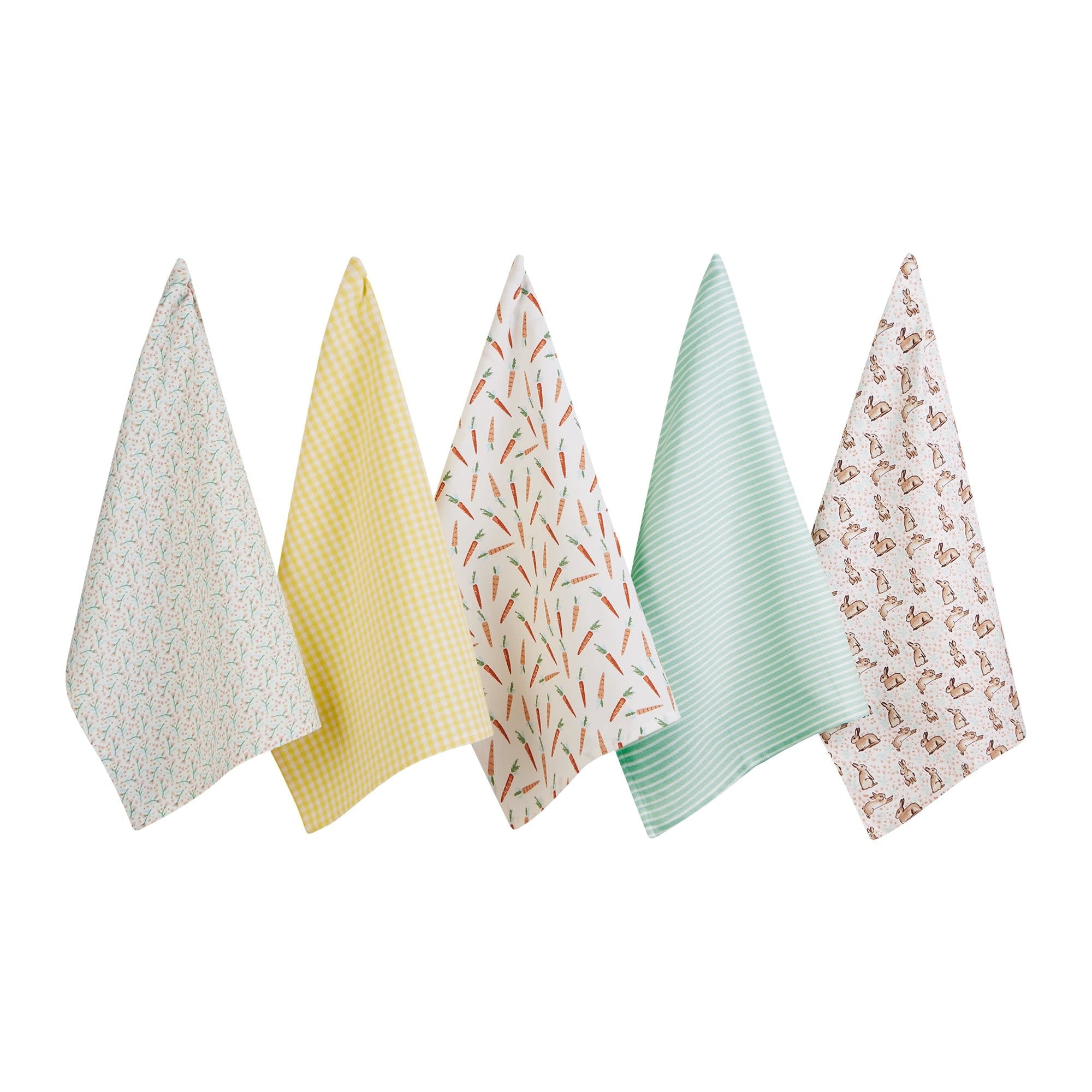 Spring-themed dishtowels with twisted rope ties and floral motifs in pastel colors.