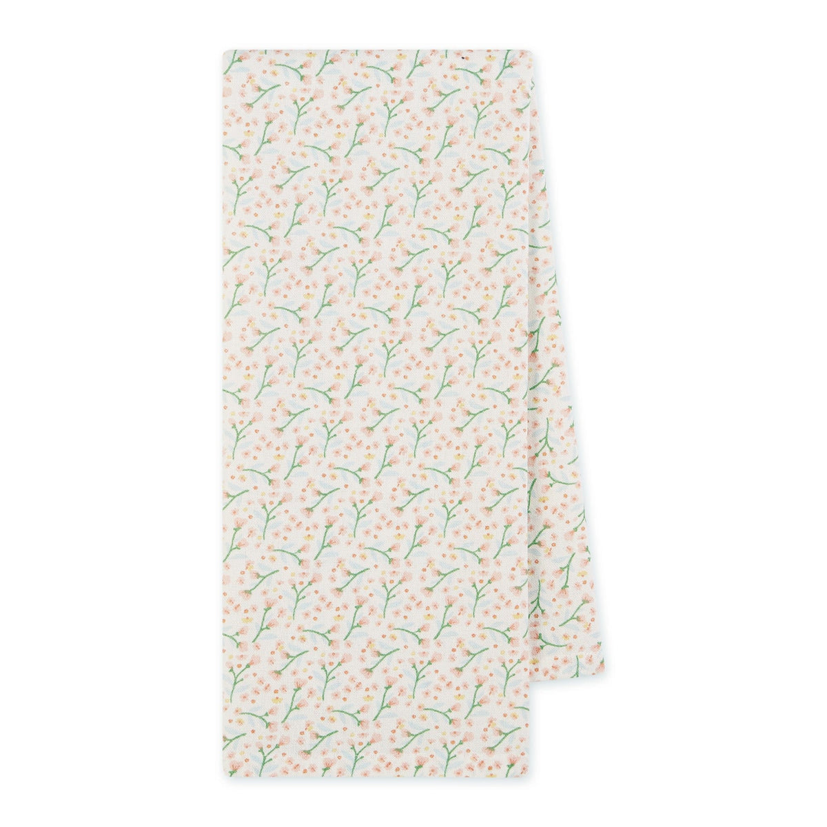Spring-themed dishtowels with twisted rope ties and floral motifs on a light background.