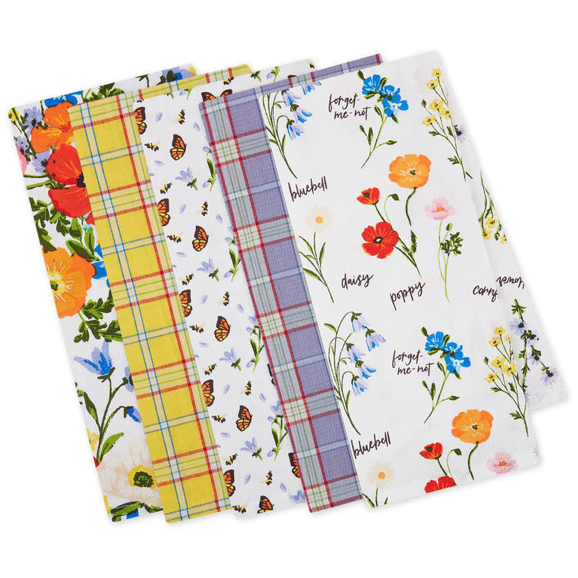 Summer Meadow dishtowel with jute rope tie, floral meadow print on light fabric.