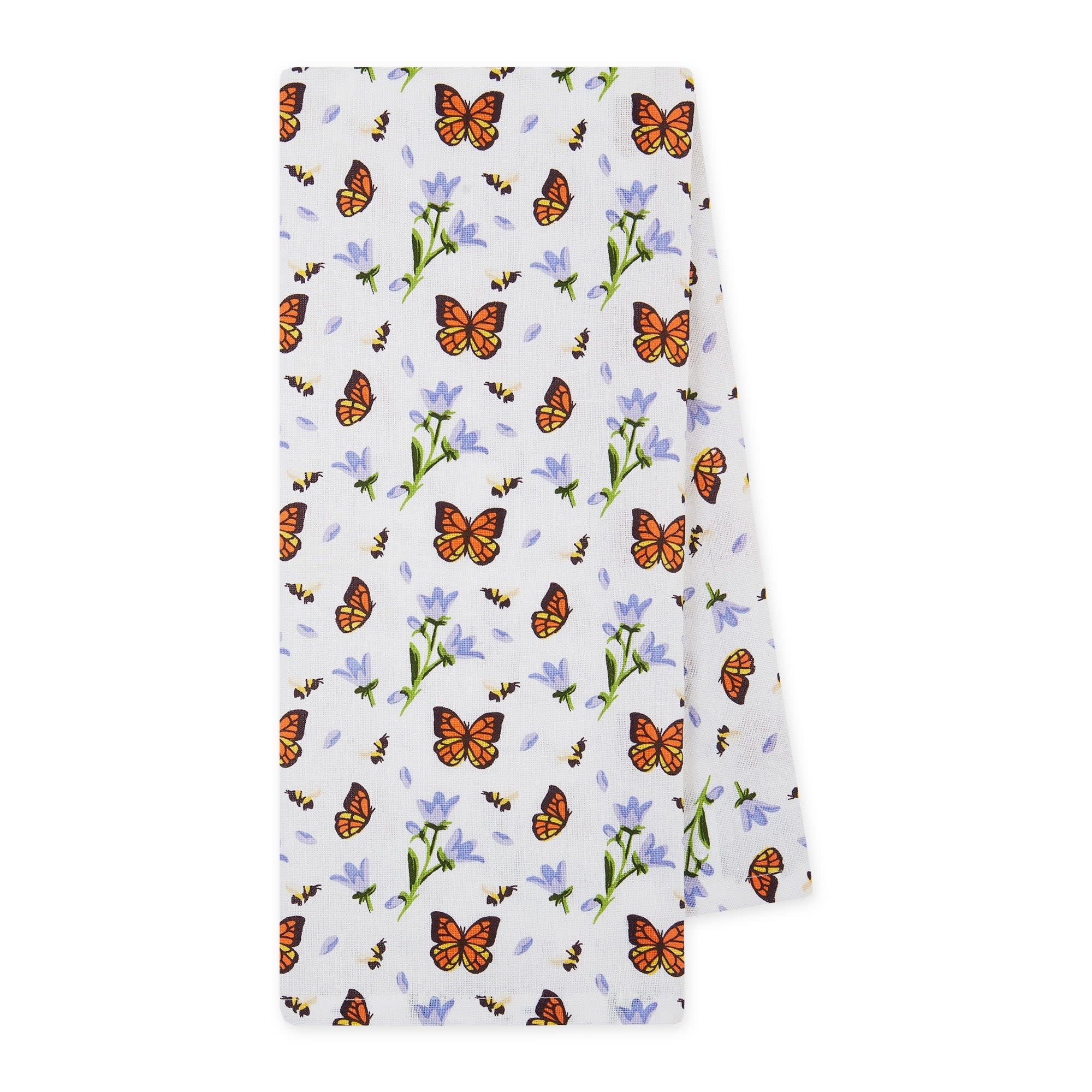 Summer Meadow dishtowel with jute rope tie, floral meadow print on light fabric.