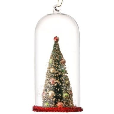 Glass dome ornament featuring a detailed miniature decorative tree inside.