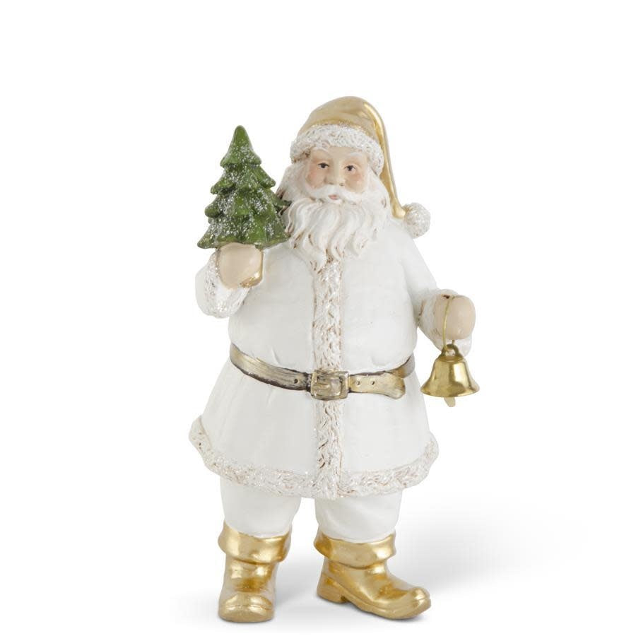 7.5-inch white polyresin Santa figurine holding a bell with an attached tree silhouette in gold accents.