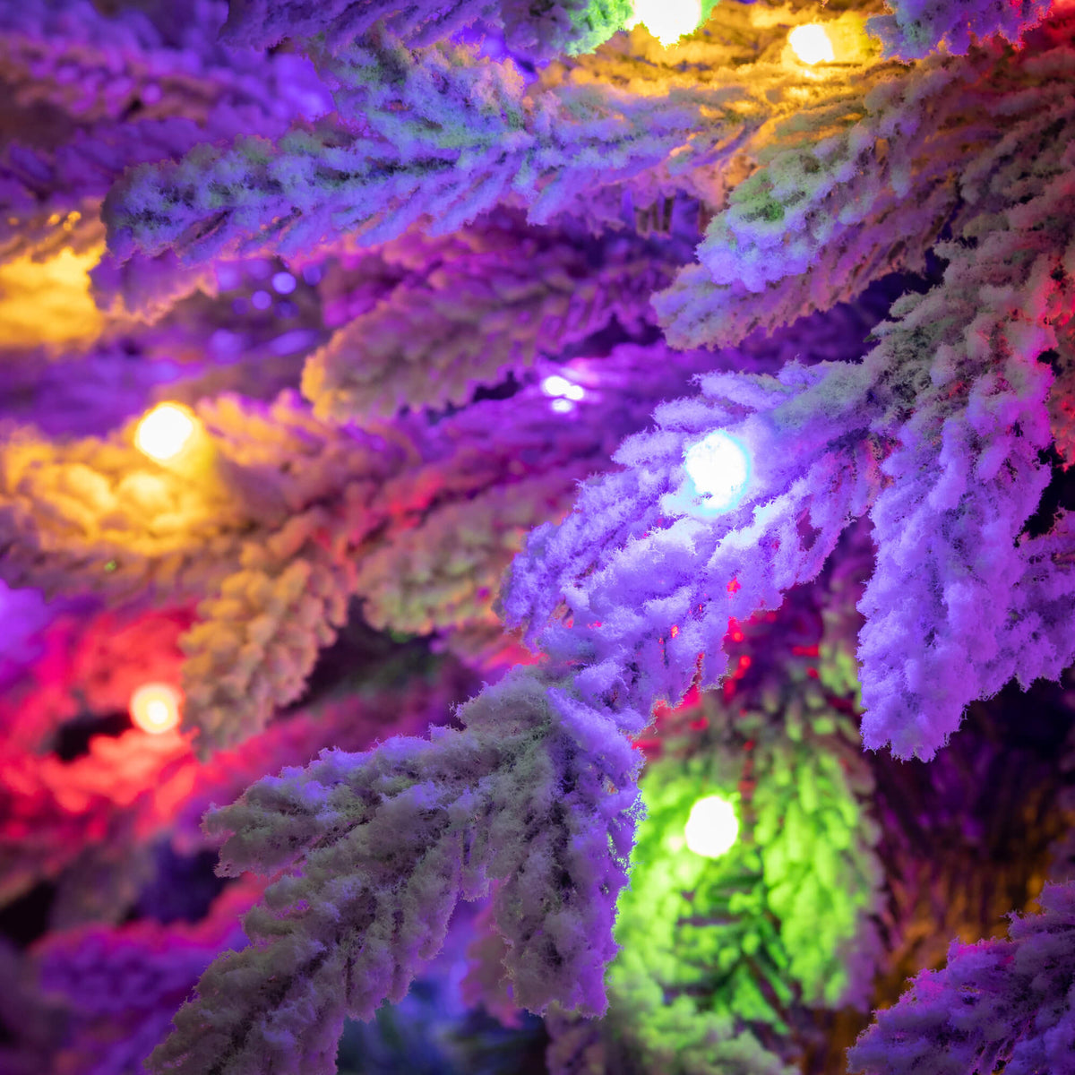 7.5-foot LED pencil Christmas tree with white flocked snow texture, warm white and multi-color lights.
