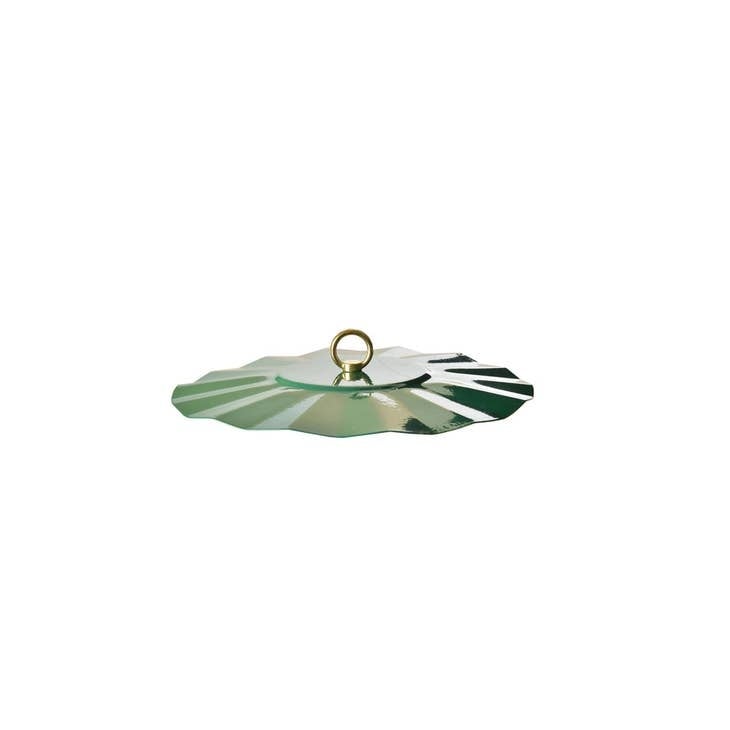 Powder-coated steel rain guard with a dome shape to protect bird feeders from weather.