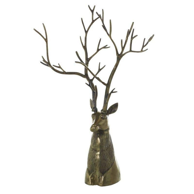 Metal stag head statue with branch antlers on a stand