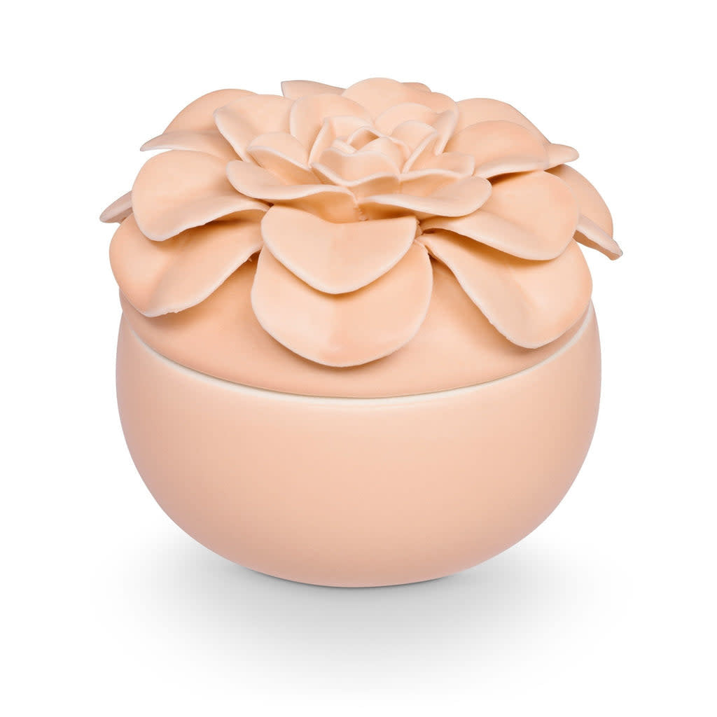 Ceramic flower candle in blood orange dahlia with three wicks