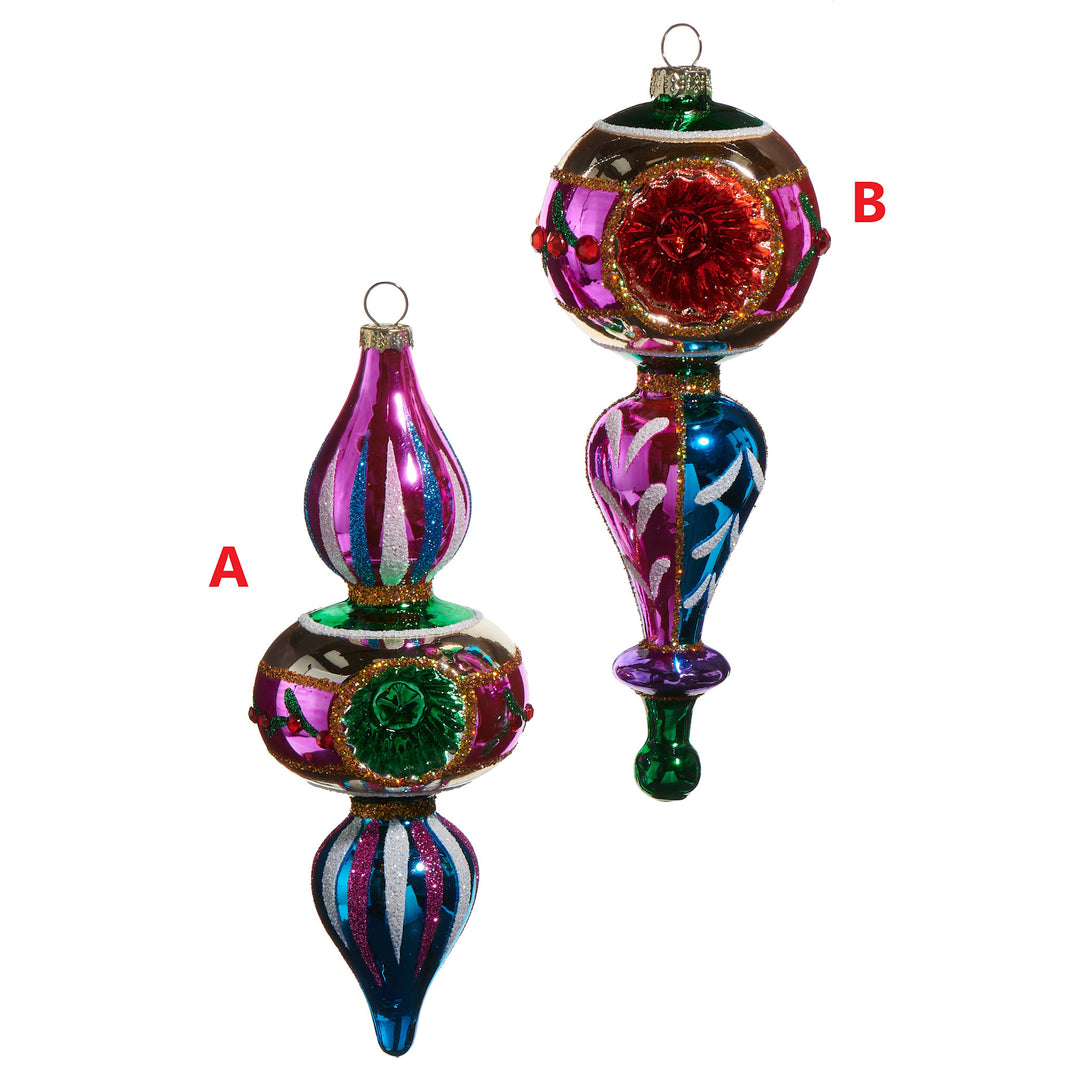 Glass witch eye ornament with multicolor swirling patterns on a black background.