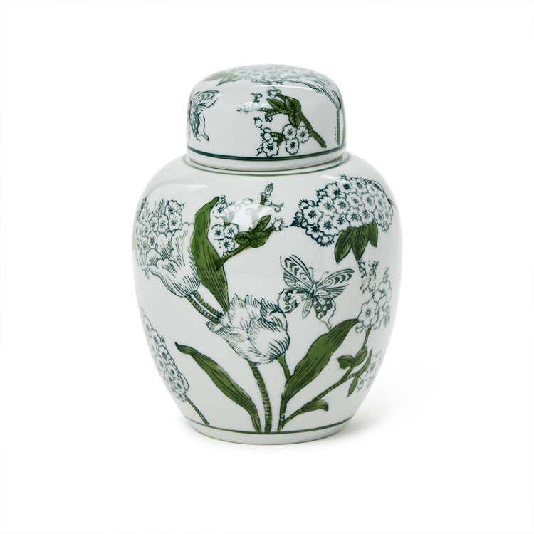 Hand-painted green and white porcelain ginger jar with lid featuring primrose and lotus chinoiserie design