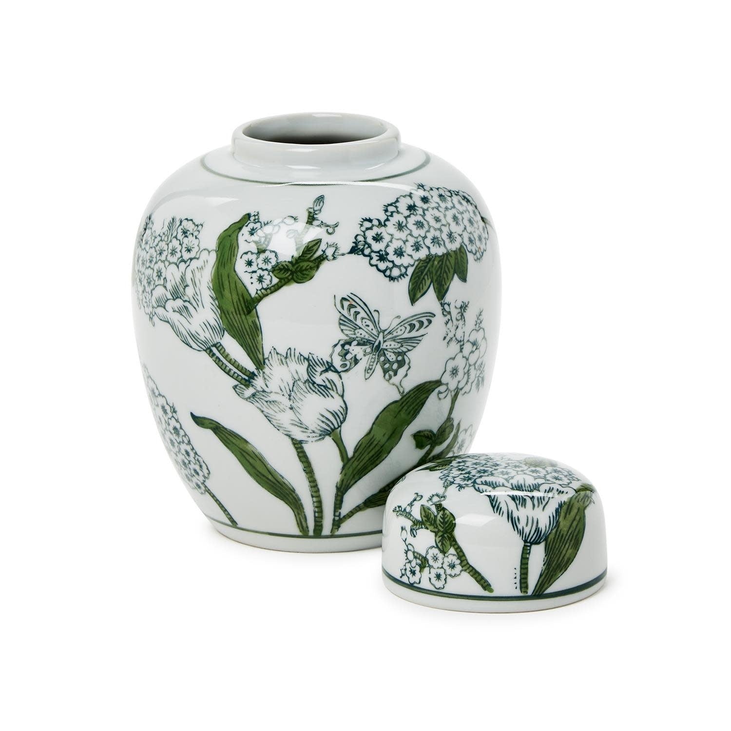 Hand-painted porcelain ginger jar with lid featuring green and white chinoiserie primrose and lotus pattern.
