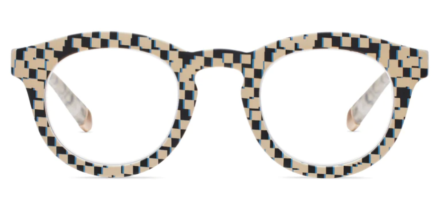 Round Frame of Mind glasses with pixel check blue light lenses in recycled polycarbonate.