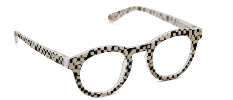 Round Frame of Mind sunglasses with pixel check blue lenses in recycled polycarbonate.