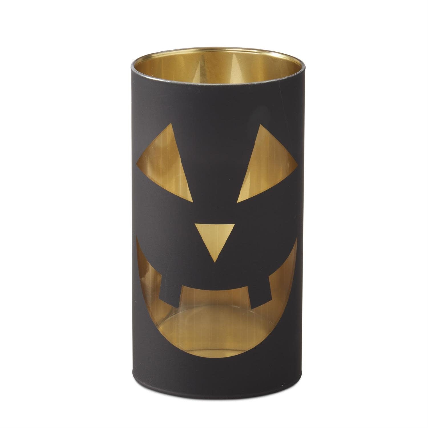 Black glass cylinder slip cover with jack-o-lantern face pattern