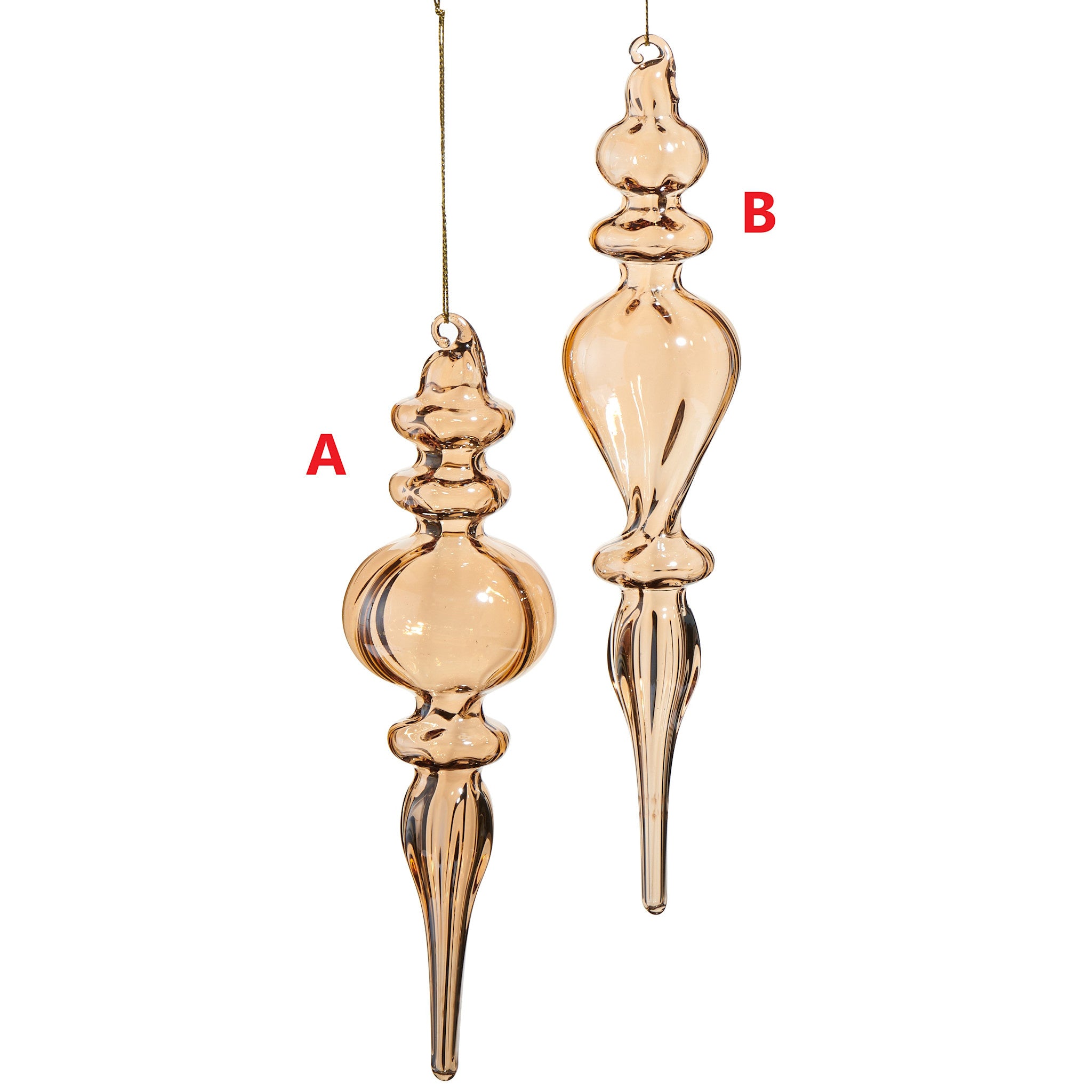 Pearlized glass finial ornament with a tapered cone shape in shimmering white.