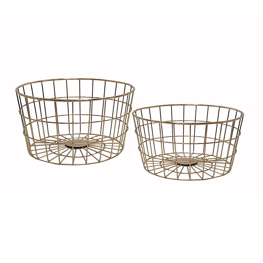 Round gold iron mesh basket with open weave sides