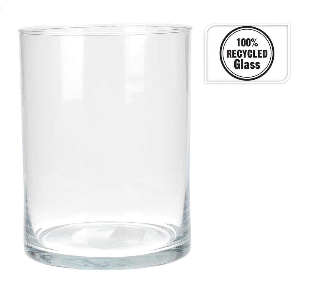 Tall cylindrical recycled glass vase with a smooth finish in clear color.