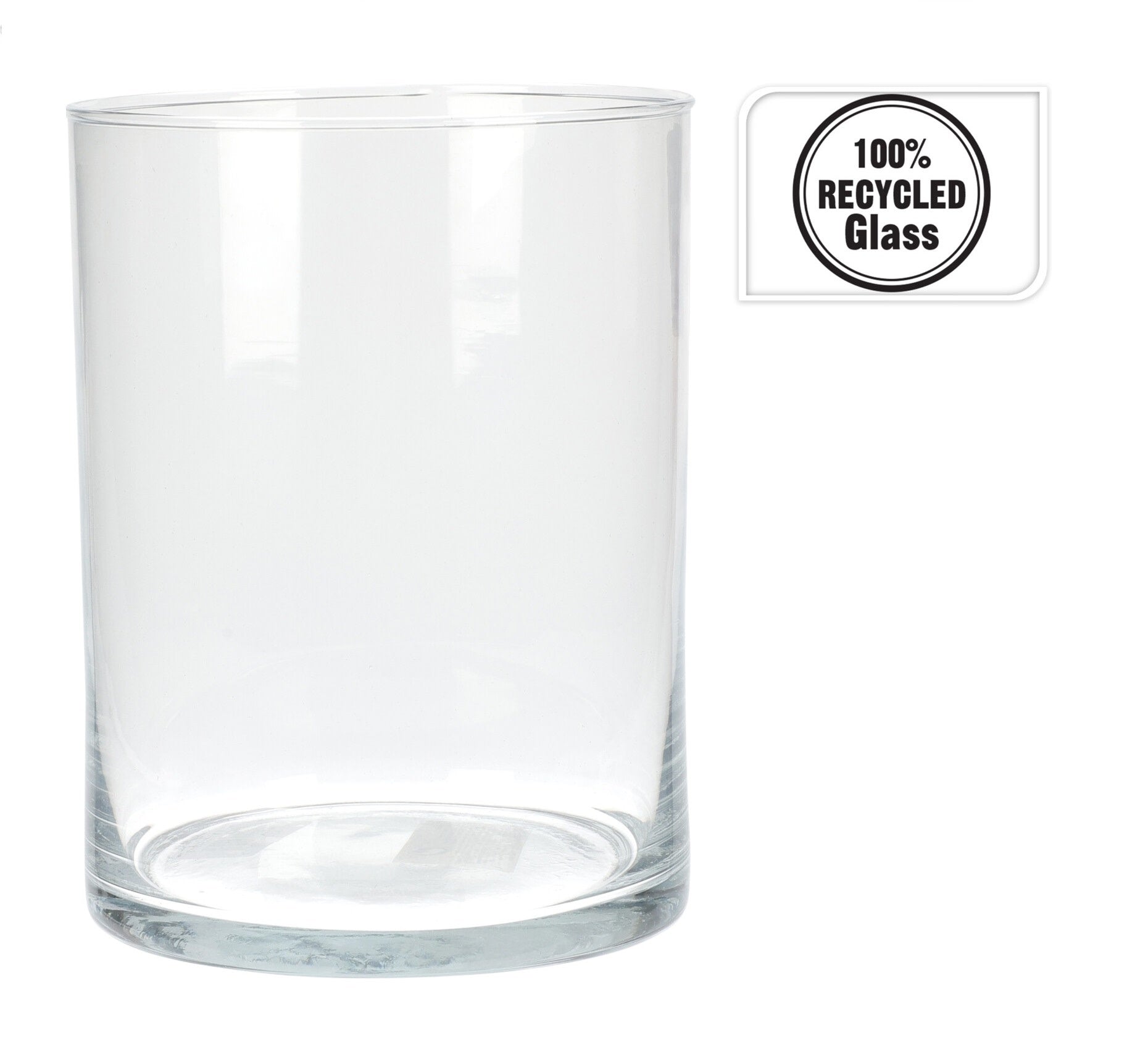 Tall cylindrical recycled glass vase with a smooth finish in clear color.