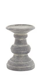Grey faux-wood candle holder with abstract shape in a square silhouette.