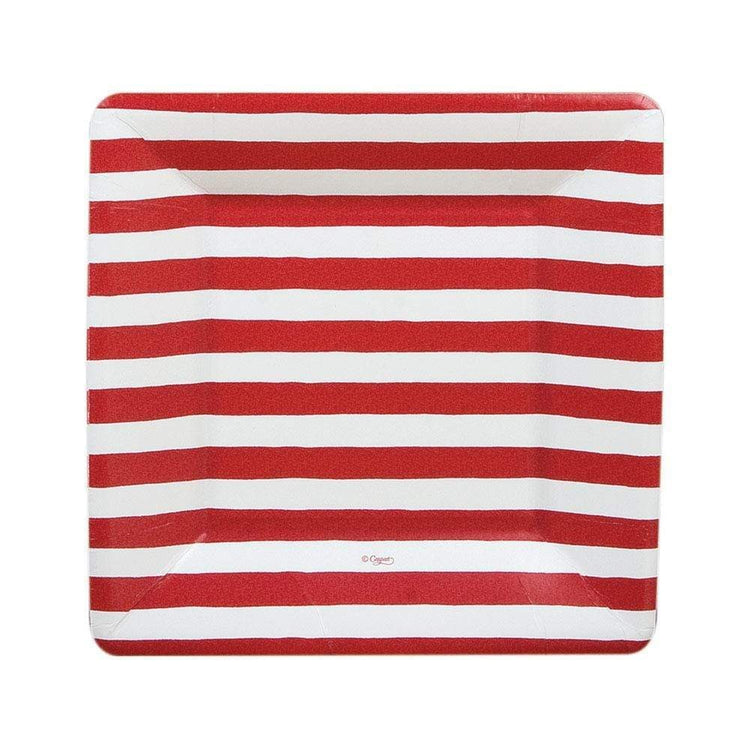 Square paper plates with red and white vertical stripes designed to resemble fine porcelain dinnerware.