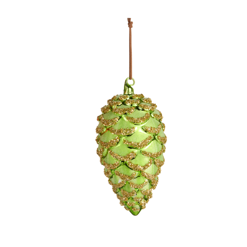 7-inch bright green glass pinecone ornament with gold glitter accents and a brown hanging cord.