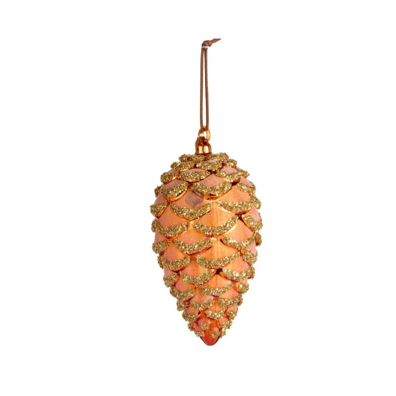7-inch orange glass pinecone ornament with gold glitter accents on the scales.
