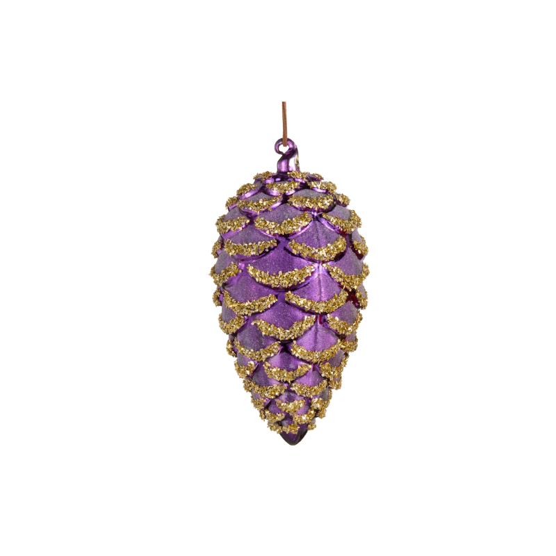 7-inch bright purple glass pinecone ornament with gold glitter accents on the scales.