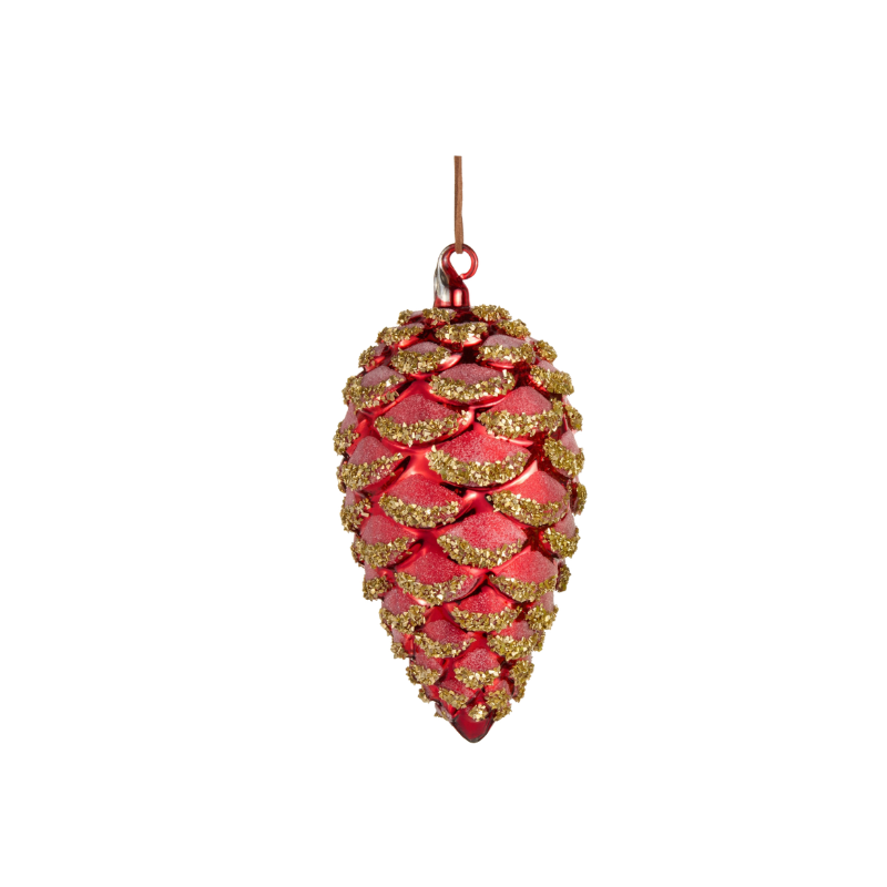 7-inch red glass pinecone ornament with gold glitter accents on the scales.