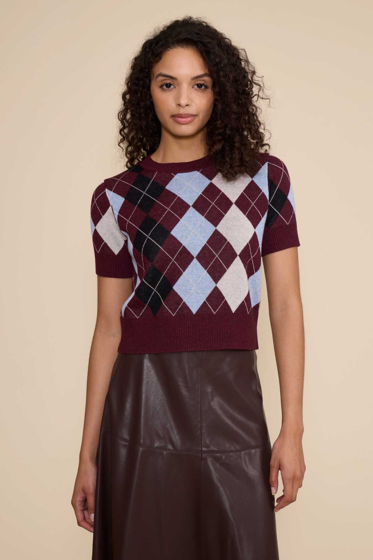 Lucy Paris Bria argyle knit top, burgundy multicolor, style SW5631