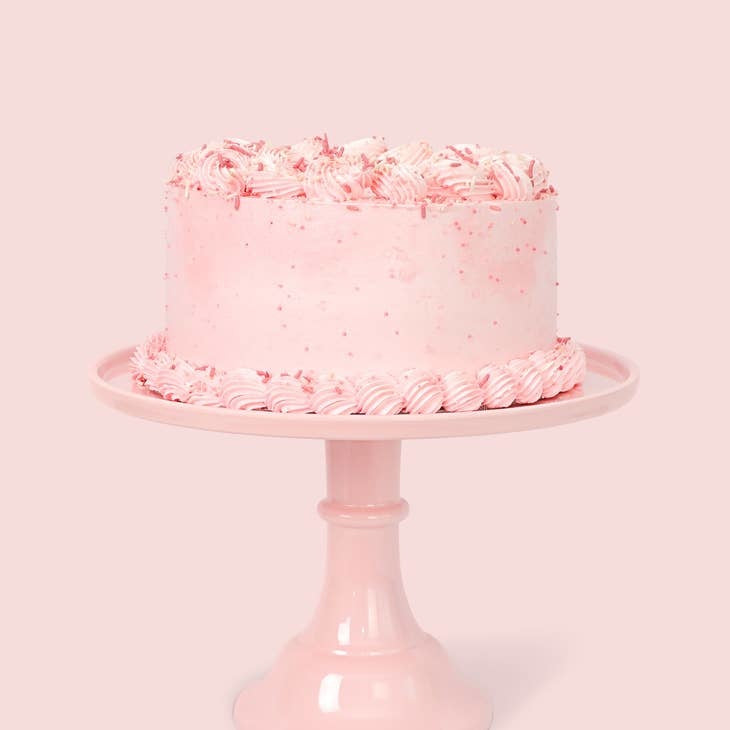 Melamine cake stand with unscrewing two-part base in white finish.