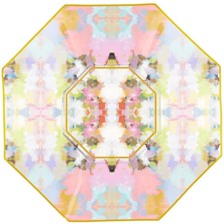 Octagonal decoupage glass plate with hand-painted gold edges featuring a floral artwork pattern.