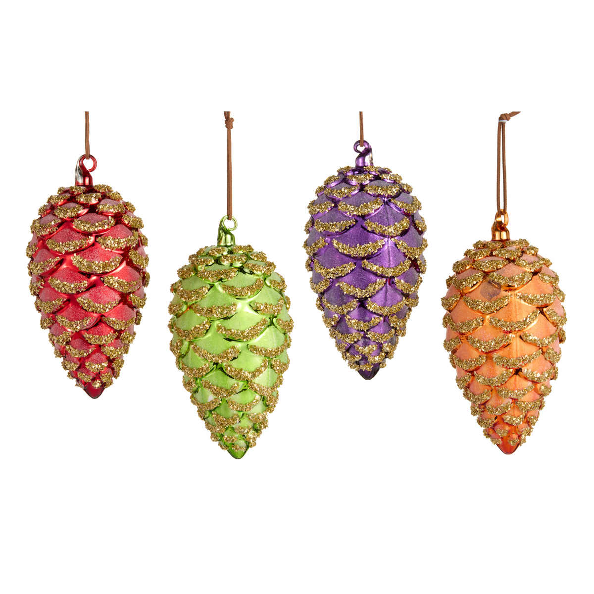 Set of four 7-inch glass pinecone ornaments in red, green, purple, and orange with gold glitter.