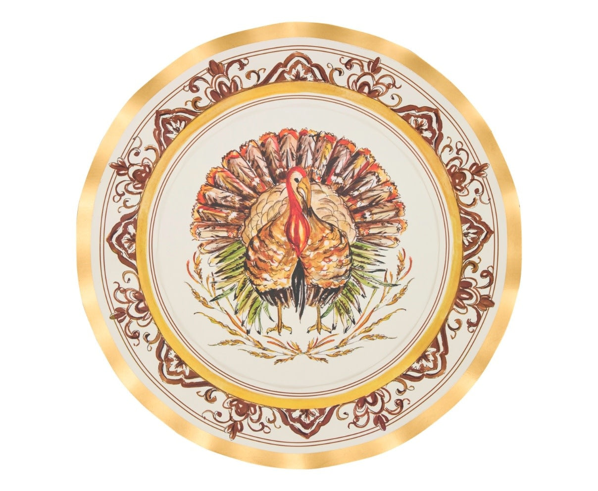 Turkey & Gourds wavy-edge dinner plate with gold foil rim and central turkey illustration on paper