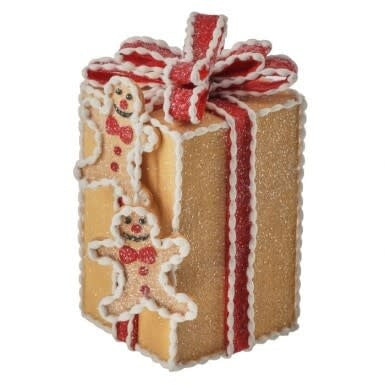 8-inch gingerbread gift box ornament with festive holiday detailing