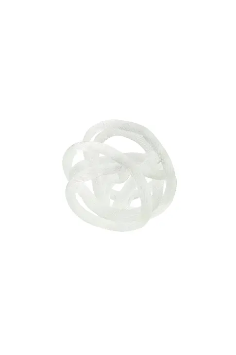 Eight-inch glass knot sculpture with smooth polished surface in clear material.