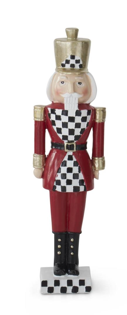Eight-inch harlequin-patterned resin nutcracker soldier with metal accents in festive holiday decor.
