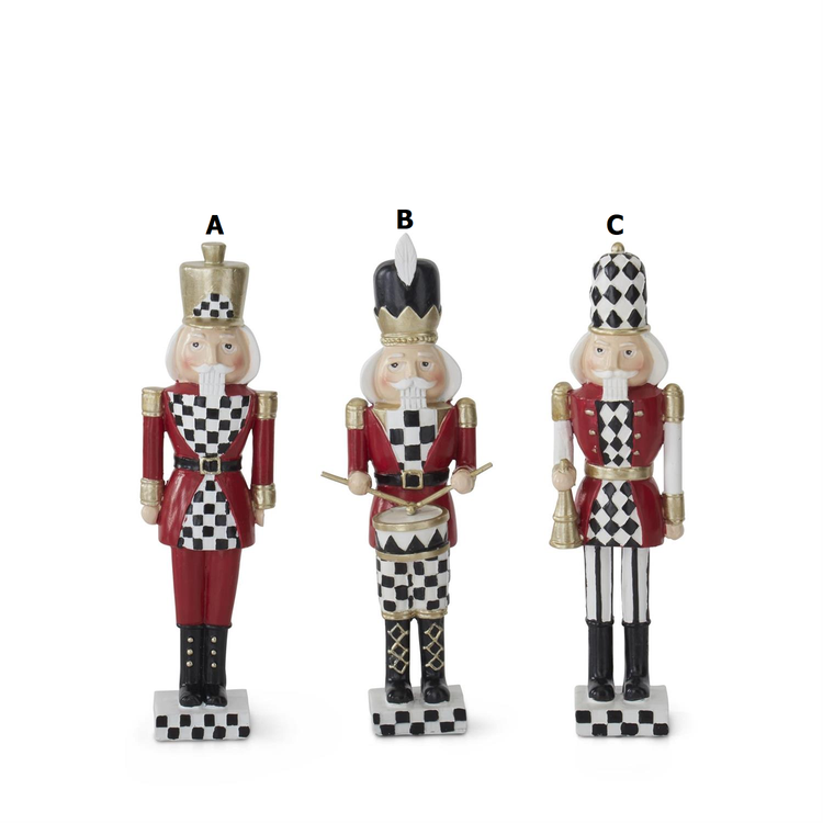 8-inch harlequin-patterned resin nutcracker soldier with metal accents in festive holiday decor