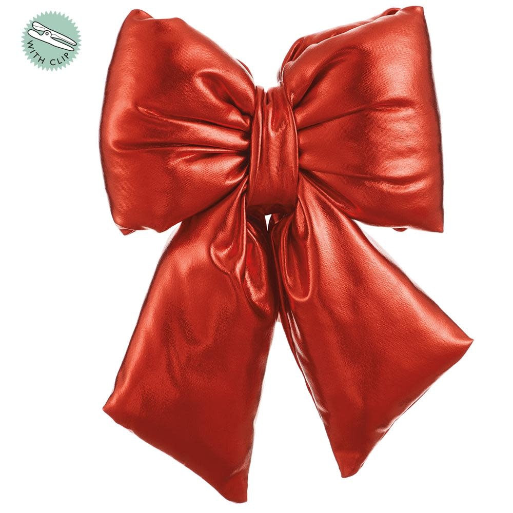 Red metallic fabric bow with clip on 8-inch stem