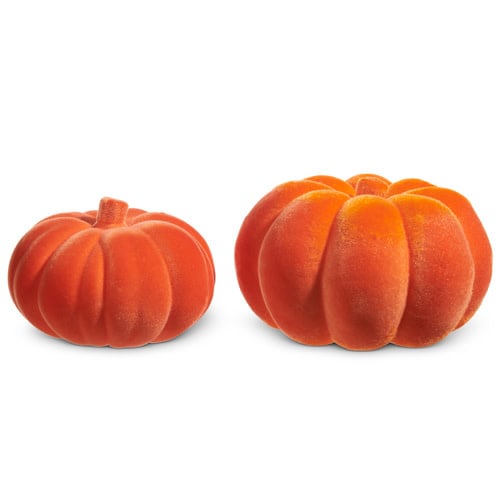 Orange foam pumpkin with a flocked texture measuring six-and-a-half inches tall.