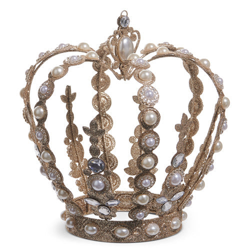 Eight-inch gold metal crown with pearl accents on a plastic base.