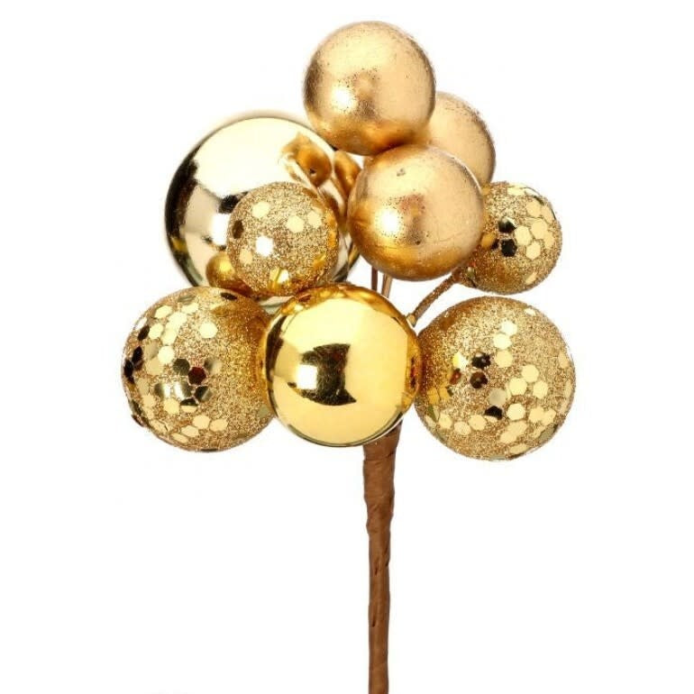 Eight-inch gold sequin ball vacuum plate mixed floral pick with sparkling round embellishments.