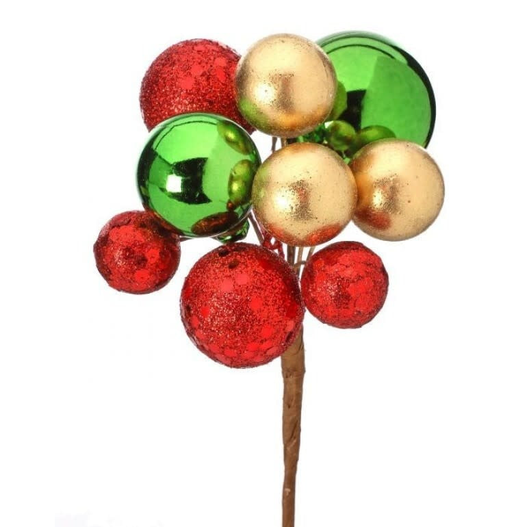 Eight-inch sequin mixed ball pick with red and green sparkling spheres on a vacuum plate stem.