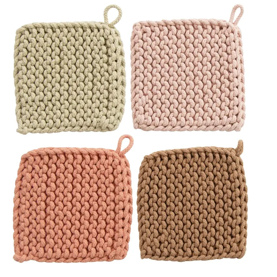 8-inch square cotton crocheted potholder in natural beige with textured stitch pattern.