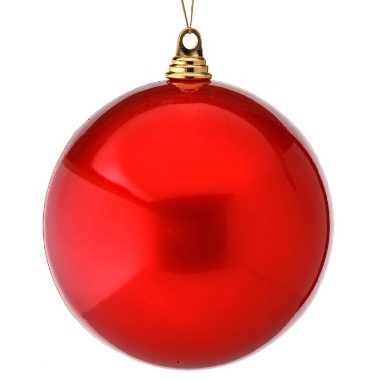 Red vacuum plate candy apple ball Christmas tree ornament with glossy finish.